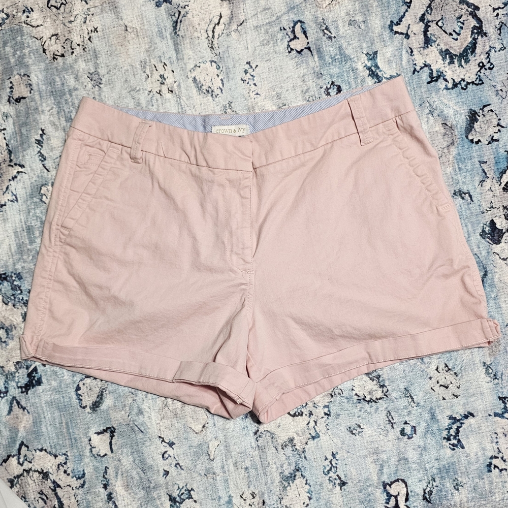 Crown & Ivy Pink Chino Shorts Womens Size 10 Stretch Cotton Cuffed Preppy Casual